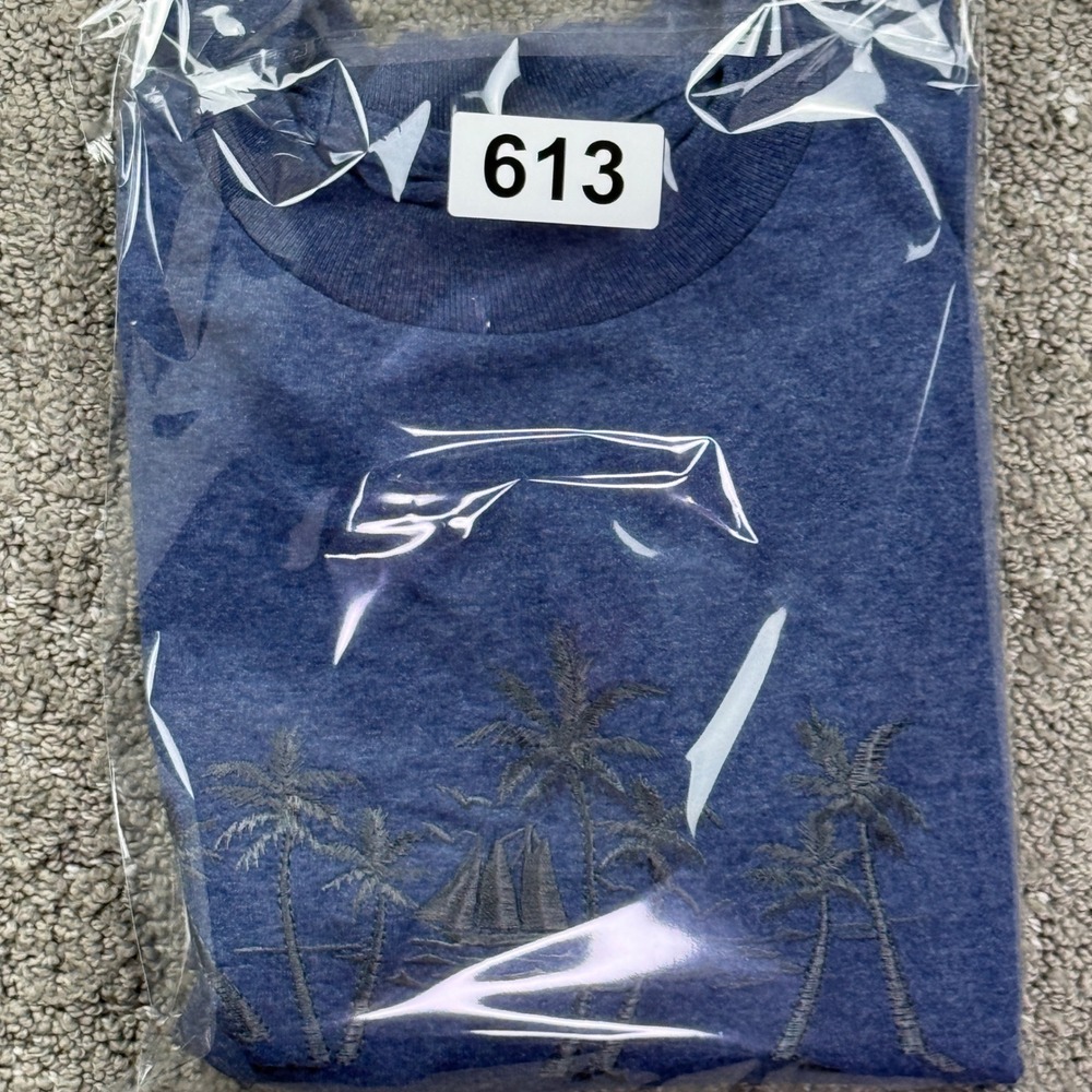 Vintage Hawaii T Shirt Mens M Blue Embroidered Palm Trees Sailboat Y2K AAA - Picture 6 of 6